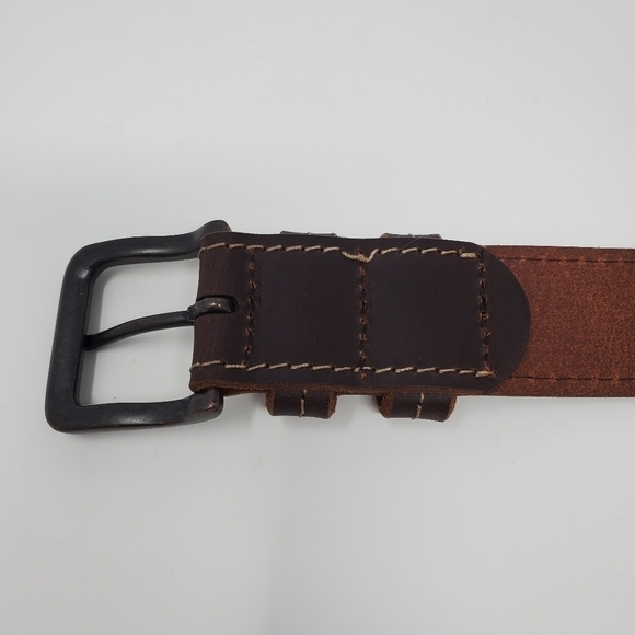 WRANGLER COCO BROWN LEATHER BELT TAN STITCHING PEWTER METAL BUCKLE MEN - Picture 7 of 12